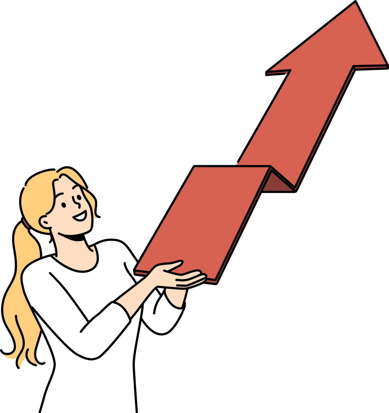 Smiling woman with arrow facing up